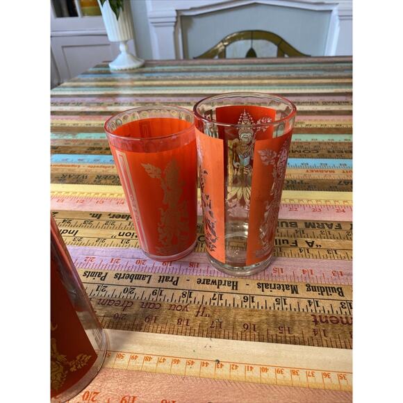 Thai Goddess Glass Mid Century Modern Retro Bar Set of 5 Asian MCM Red Some Wear - Picture 11 of 12